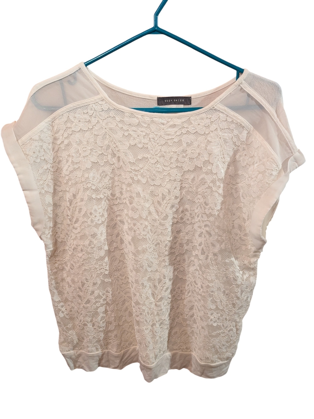 Suzy Shier Cream Lace Short Sleeve Top